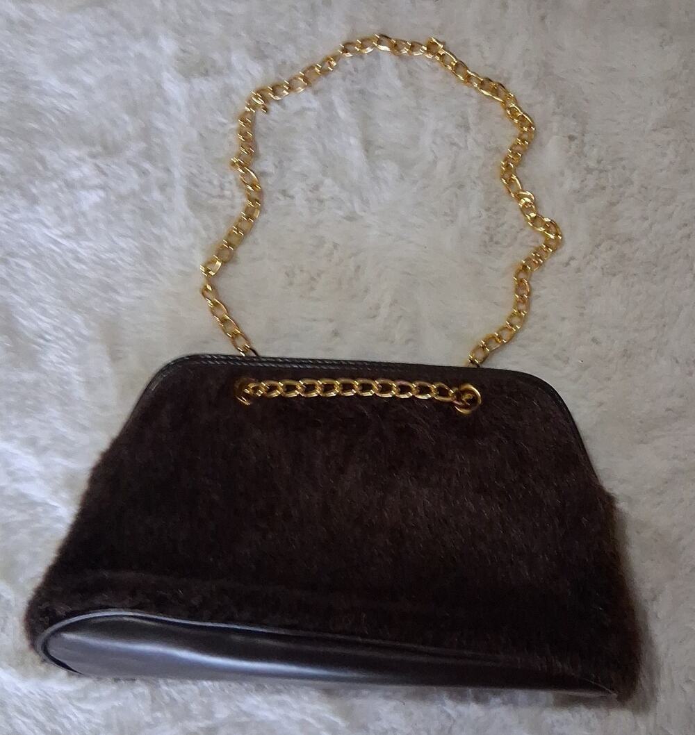 Vintage Victoria Secrets Furry Clutch Evening Bag with Gold Chain furry